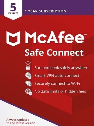 McAfee Safe Connect VPN Premium (Android, Chromebook, iOS, Windows) 5 Devices, 1 Year – McAfee Key – GLOBAL